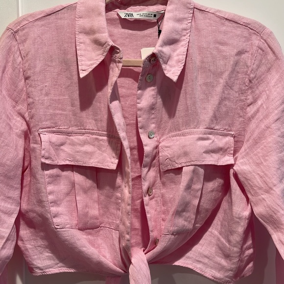 Zara cropped pink button down linen top - Picture 3 of 6